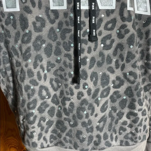 Victoria's Secret PINK Gray Hoodie size small bling cheetah print sweatshirt - Picture 3 of 6
